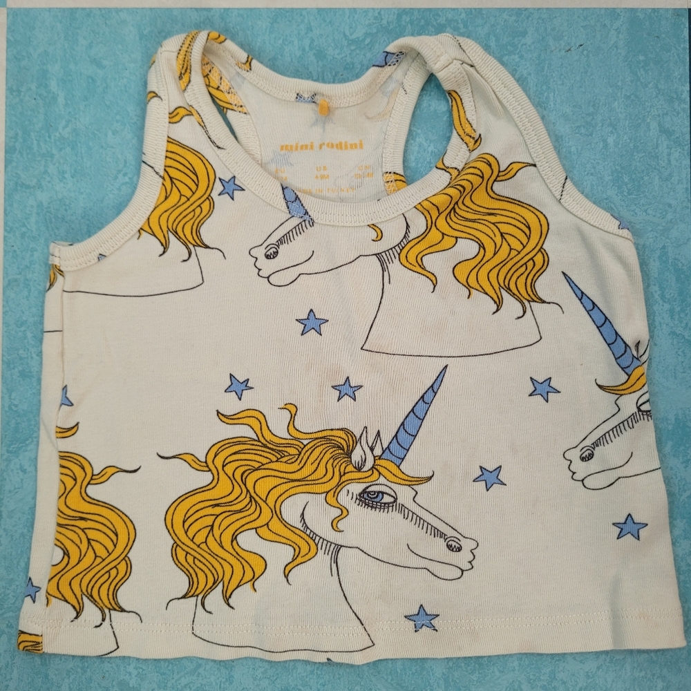 Mini Rodini Unicorn Print Baby Tank Top - White and Yellow Size 4-9 Months